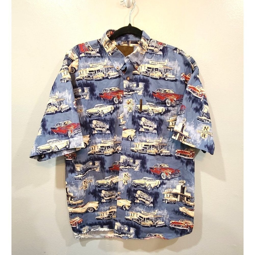North River Shirt Men's Large Hawaiian Classic Car Hot Rod Graphic Button Up